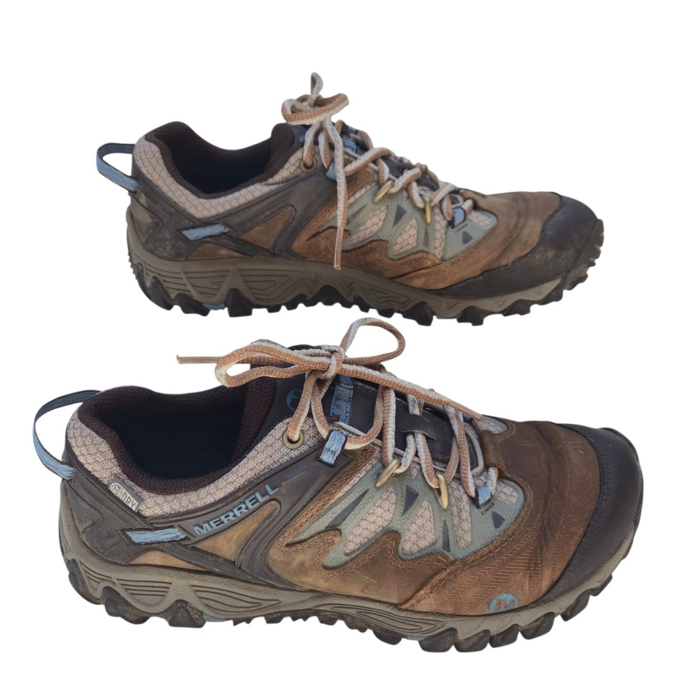 Merrell All Out Blaze Hiking Shoes Women 9.5 Brown Blue Waterproof Vibram J65468